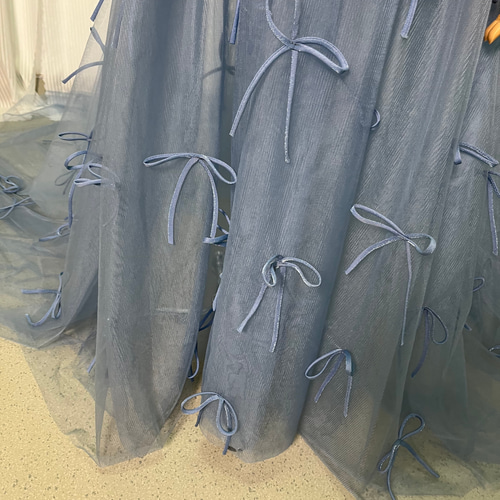 送料無料！オーバードレス パフスリーブ リボン ブルーグレー  