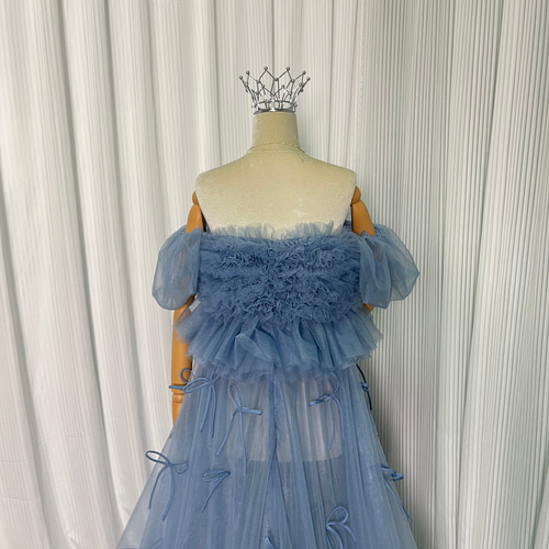 送料無料！オーバードレス パフスリーブ リボン ブルーグレー  