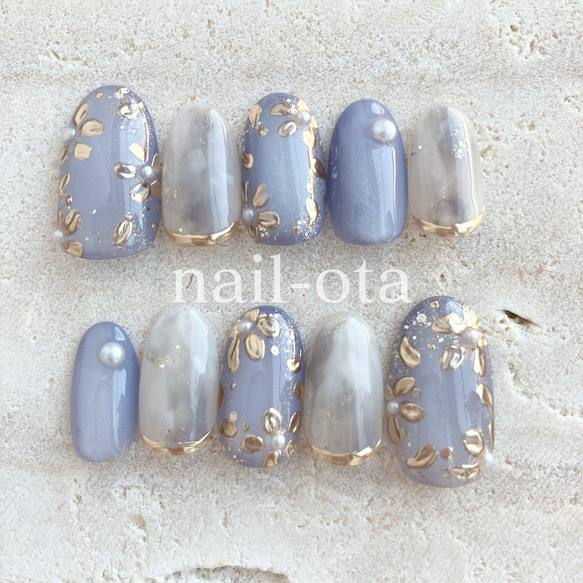 水光ブルーフラワー】 結婚式 ミラーネイル ブライダルネイル 成人式  