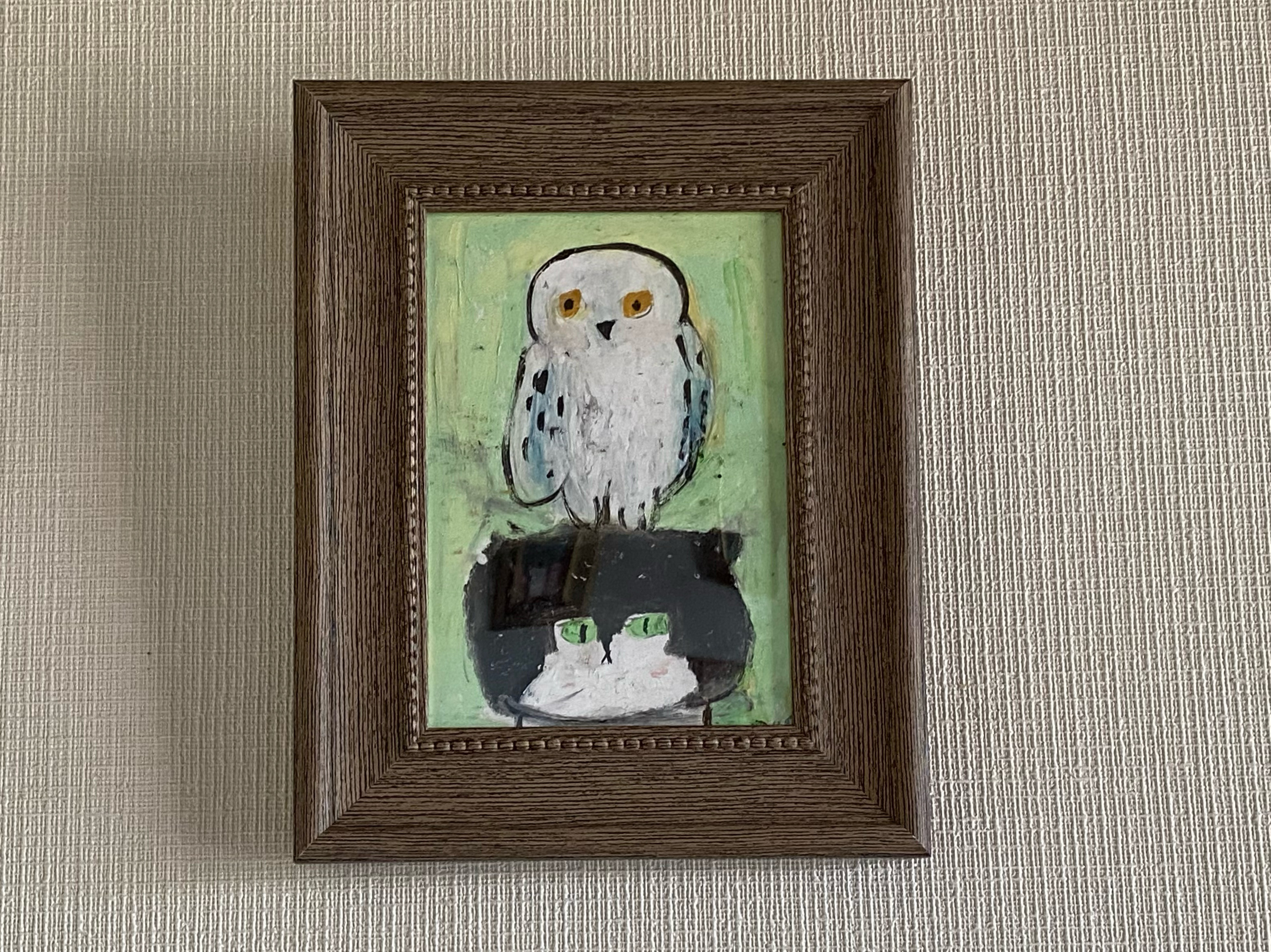 絵画 。壁掛け絵原画手描き【美しい月夜、猫たちとフクロウのデート】 絵画 。壁掛け絵原画手描き【美しい月夜、猫たちとフクロウの