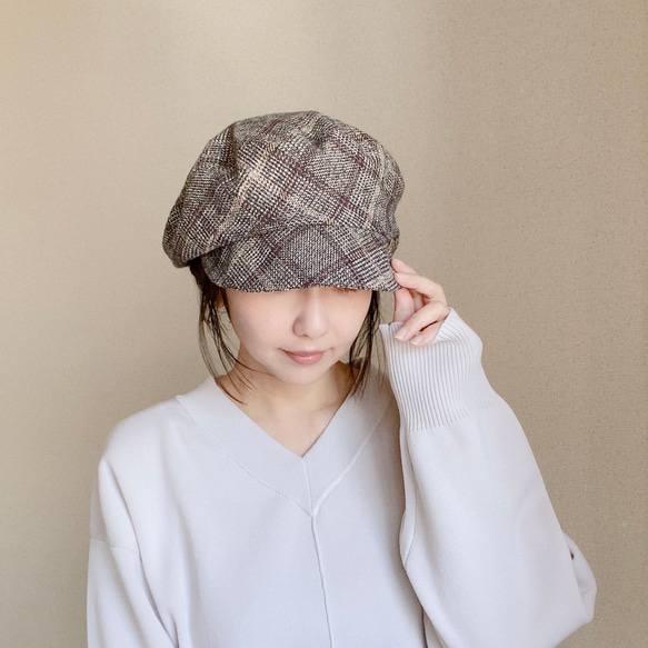 ふんわりキャスケット＊クラシカルなコットンツイード＊チェック柄＊選べるサイズのレディース帽子 1枚目の画像