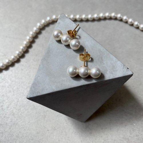 国産貝パール/3連パールピアス/イヤリング ピアス（スタッド