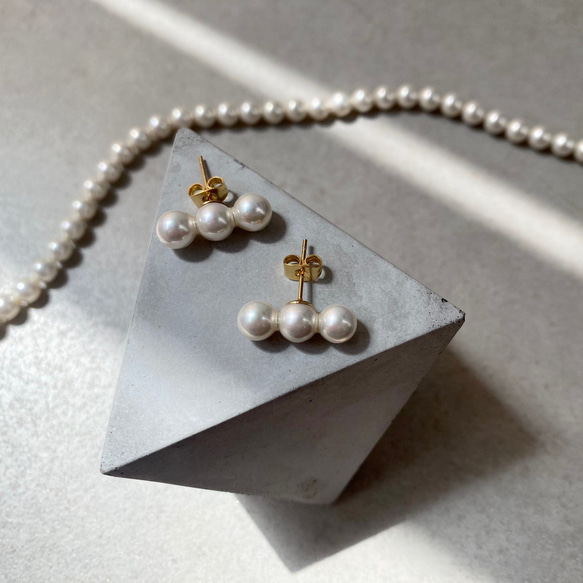 国産貝パール/3連パールピアス/イヤリング ピアス（スタッド・一粒 