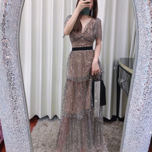 パーティードレス 半袖 シフォン ロングスカート シースルー Vネック 