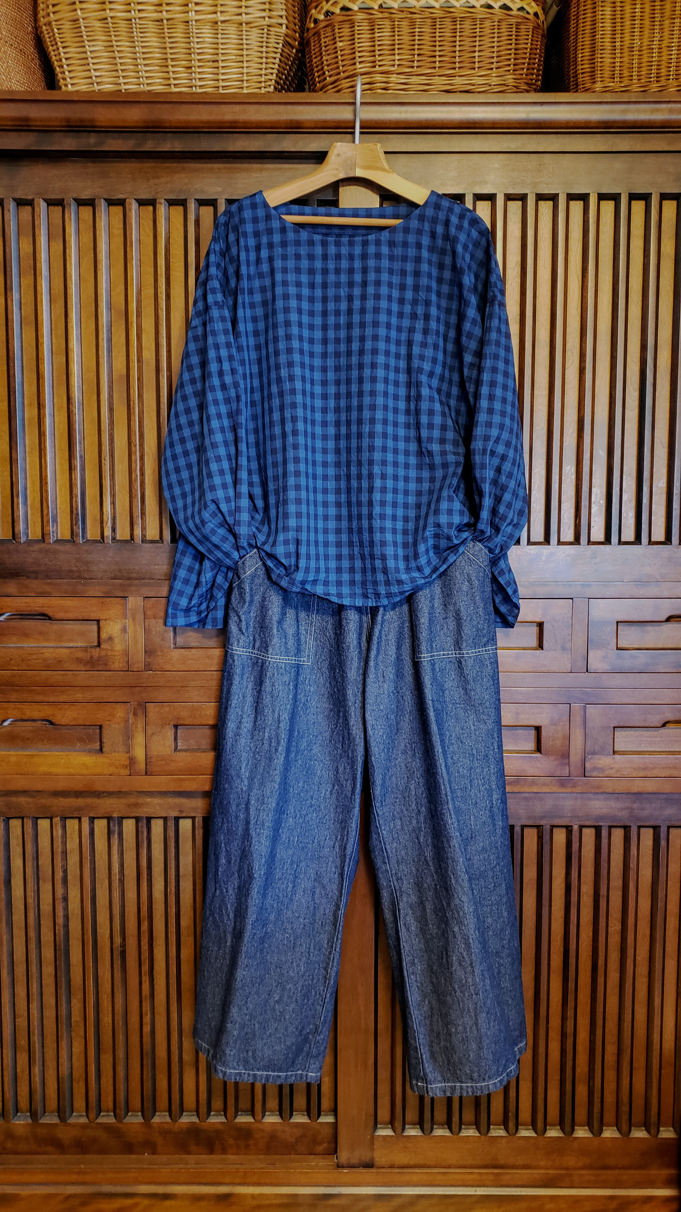 コットン100% 播州織り　紺×藍色チェック ラウンドネックプルオーバー　S～6L