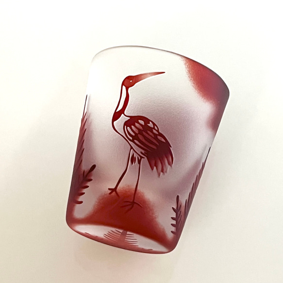 新作！【花札硝子】松に鶴〜　ガラスのおちょこ〜　ぐい吞み　酒器【受注製作】 3枚目の画像