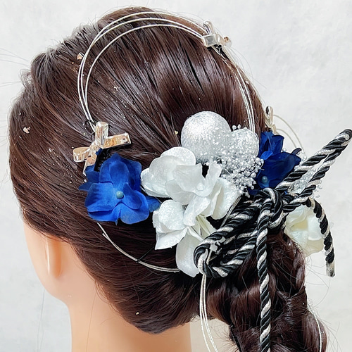 シルバーブルーリボン髪飾り 成人式 結婚式 卒業式 七五三 髪飾り
