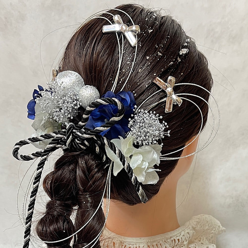 シルバーブルーリボン髪飾り 成人式 結婚式 卒業式 七五三 髪飾り