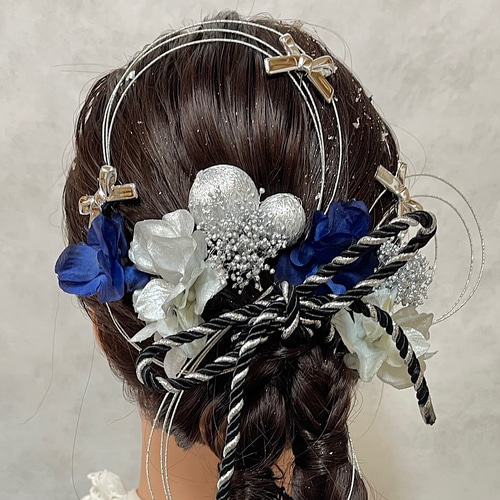 シルバーブルーリボン髪飾り 成人式 結婚式 卒業式 七五三 髪飾り