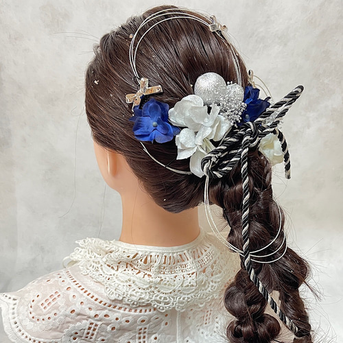 m...様髪飾りオーダーページ シルバーブルーリボン髪飾り 成人式 結婚式 卒業式 七五三 髪飾り