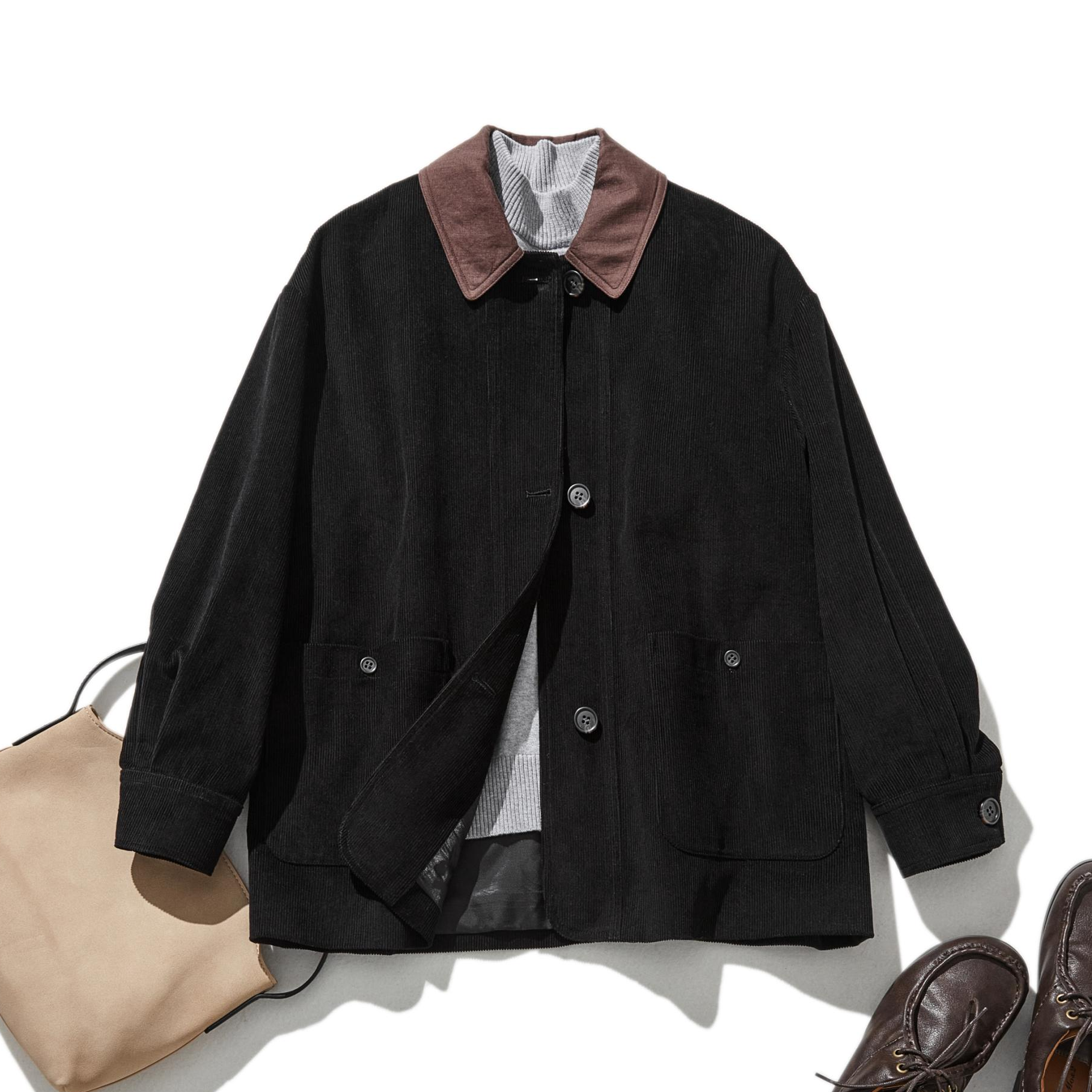 幅広いシーズン活躍すること間違えなしのコーディロイジャケット　アウター　裏地付き　ブラック　240910-2