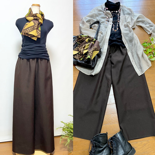 【送料無料/新品】 焦茶紬＊ワイドパンツ＋ストール＊裏地付き＊着物リメイク パンツ