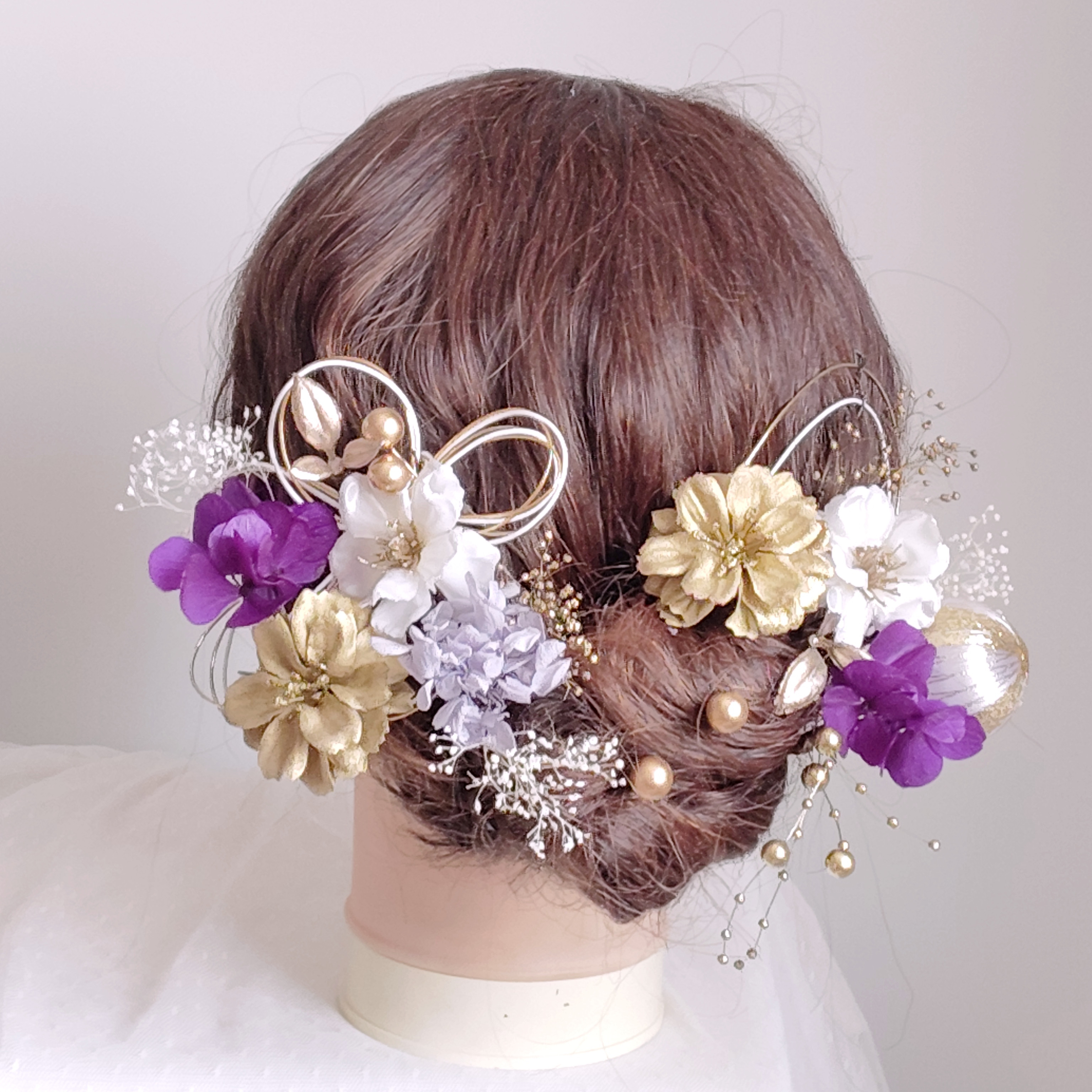 小花とアップルブロッサムの髪飾り　枝垂れパール　パールシャワー　白無垢　色打掛　髪飾り　和装　成人式　結婚式　卒業式　袴