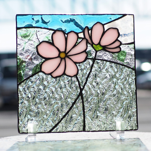 コスモスのミニパネル 秋桜、ステンドグラスパネル サンキャッチャー
