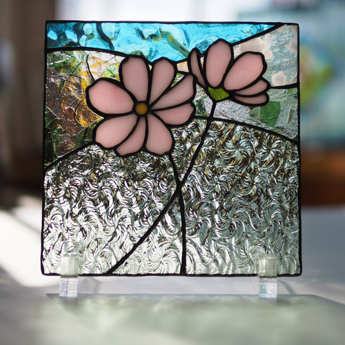 コスモスのミニパネル 秋桜、ステンドグラスパネル サンキャッチャー