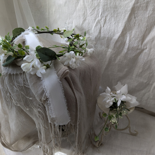ウエディング＊* ジャスミンの花冠(ブートニア付き) ヘッドドレス