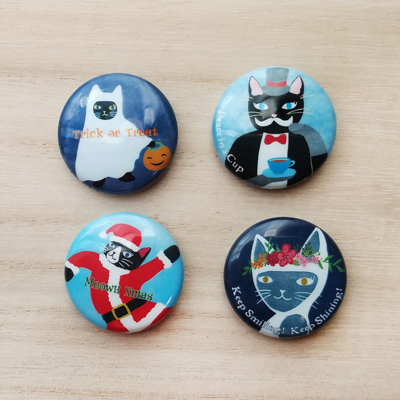 ねこ缶バッジ４個セット　２５ｍｍ　ハロウィン・クリスマス入り 3枚目の画像