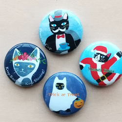 ねこ缶バッジ４個セット　２５ｍｍ　ハロウィン・クリスマス入り 1枚目の画像