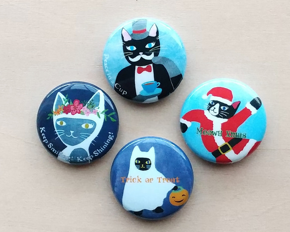 ねこ缶バッジ4個セット 25mm ハロウィン・クリスマス入り