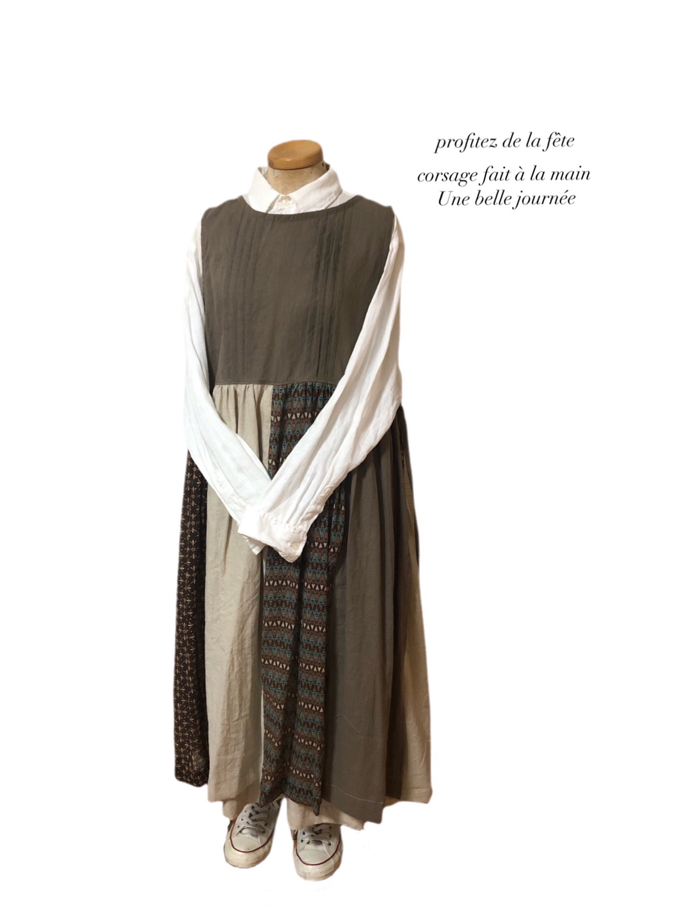 リネン　パッチワーク　ワンピース