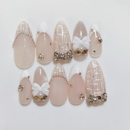 サイズオーダー ネイルチップ ツイード フレンチ マグフレンチ 大人  