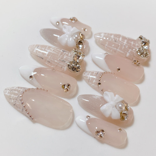 サイズオーダー ネイルチップ ツイード フレンチ マグフレンチ 大人  