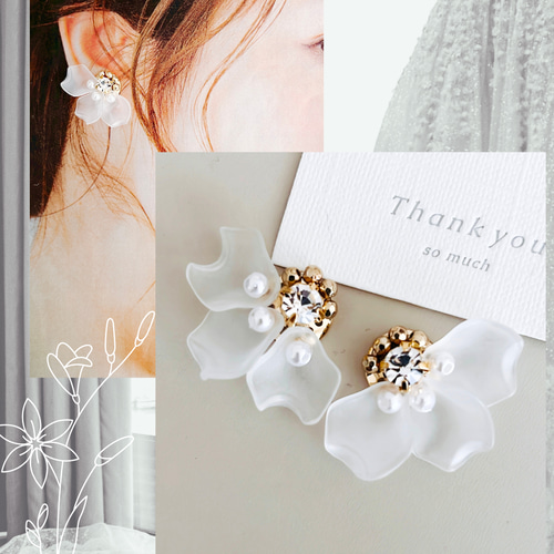 NEW】花びらイヤリング ビジュータイプ すりガラス 結婚式 お呼ばれ