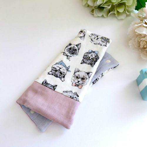 いろいろネコフェイスパッチの8重ガーゼハンカチ*ネコ*ねこ*キャット  