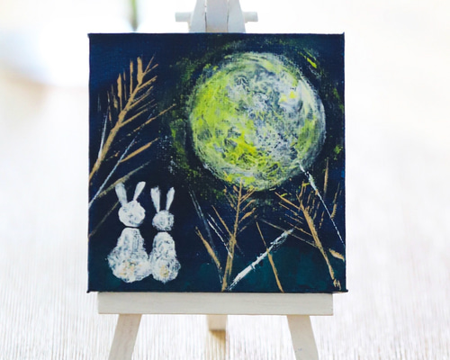 原画】月夜のうさぎ キャンバス 絵画 ましかく 10cm角 送料無料 絵画