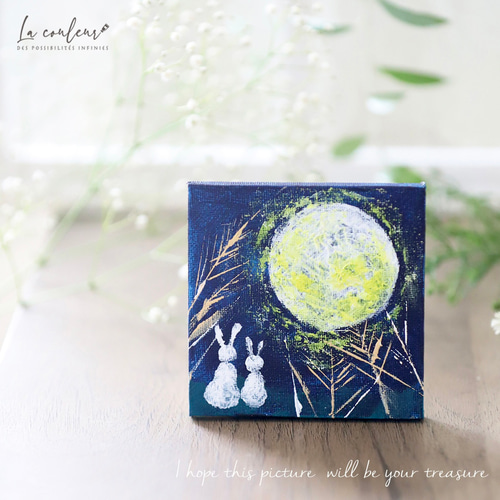 原画】月夜のうさぎ キャンバス 絵画 ましかく 10cm角 送料無料