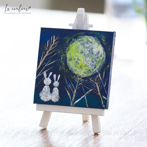原画】月夜のうさぎ キャンバス 絵画 ましかく 10cm角 送料無料 絵画