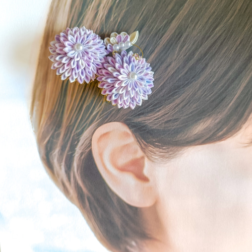 紫菊と蝶の髪飾り かんざし コーム つまみ細工 着物 浴衣 ドレス 和風