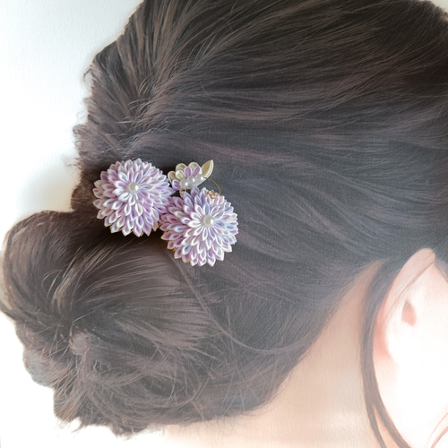 紫菊と蝶の髪飾り かんざし コーム つまみ細工 着物 浴衣 ドレス 和風