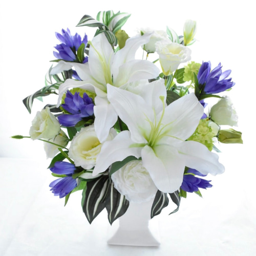 造花アレンジメント「リンドウ・40㎝サイズ」カサブランカとリンドウ