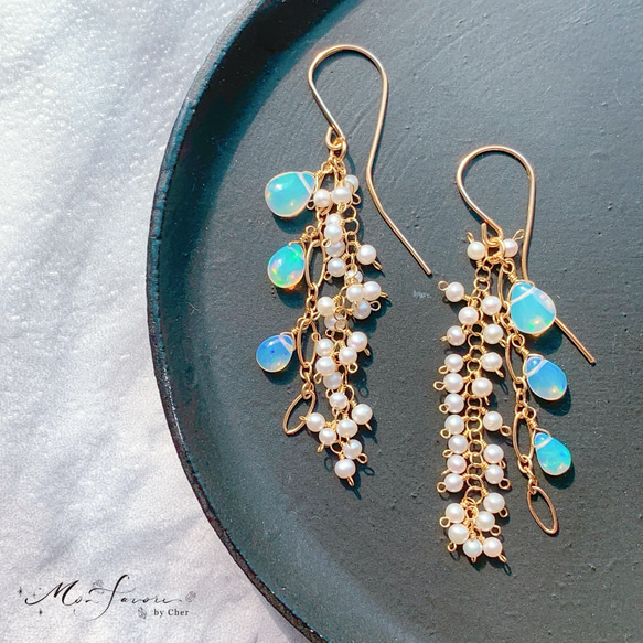 14kgf カラーオパールと淡水パールのシャンデリアピアス 14kgf カラーオパールと淡水パールのシャンデリアピアス