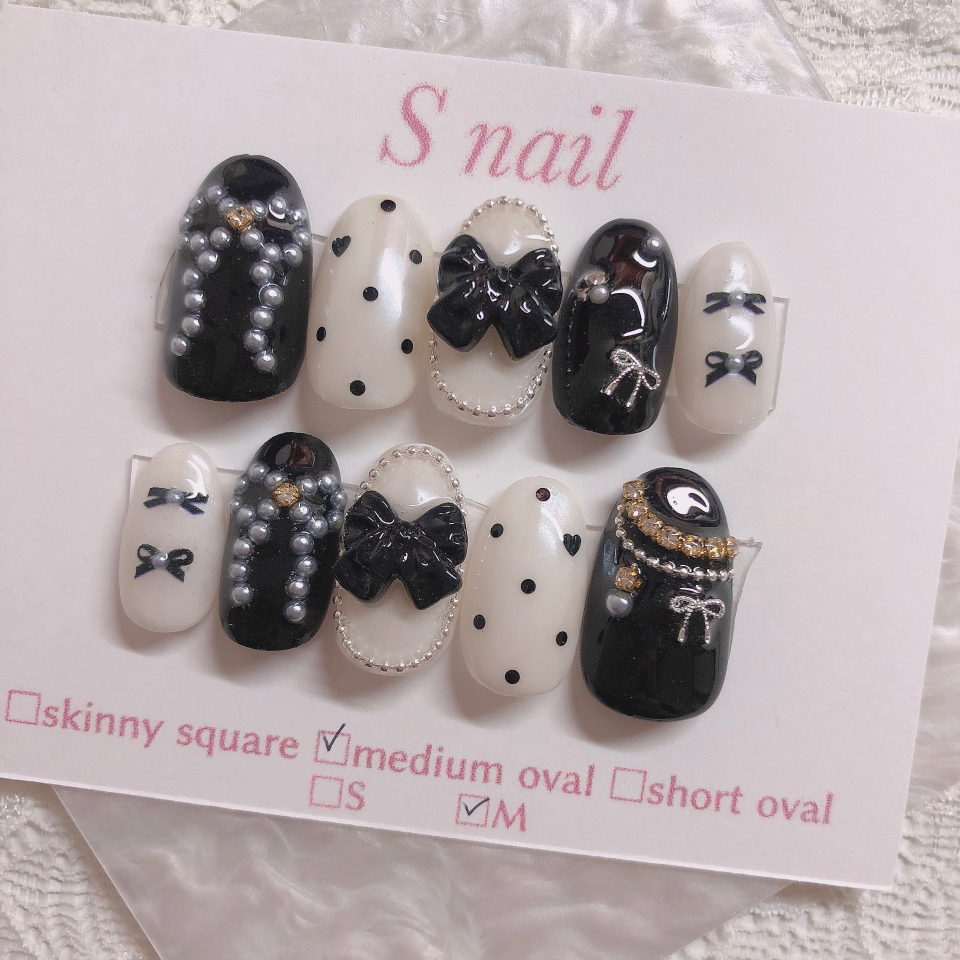 即納可 現品ネイルチップ チェックネイル ガーリー 黒リボン 【公式通販】