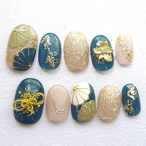 オーダーネイルチップ 緑 成人式 卒業式 結婚式 フォトウェディング 袴  