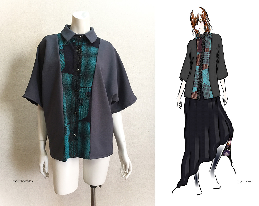 【1点もの・デザイン画付き】2種素材（尾州織り＆ちりめん）ゆったりブラウス（KOJI TOYODA）