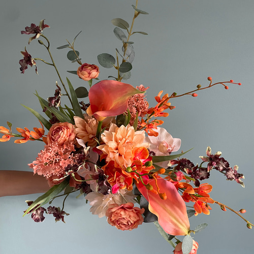 テラコッタブーケ、オレンジブーケ、胡蝶蘭、カラー、ダリア