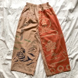 柿渋染め 手ぬぐいリメイク ワイドパンツ ゆったりズボン キュロット