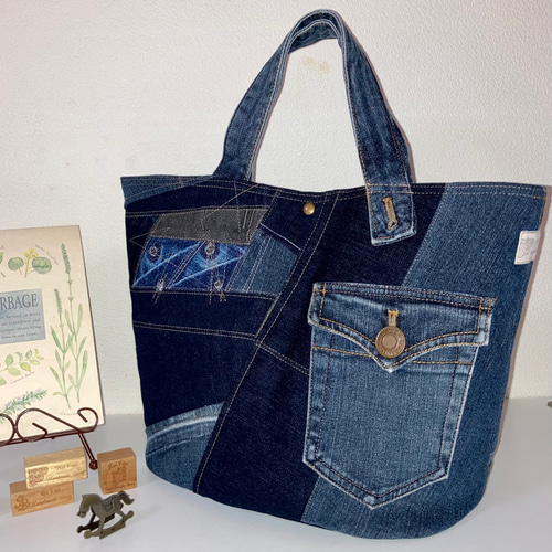 新作！丸底トートバッグ♡USEDデニム♡パッチワーク♡ トート