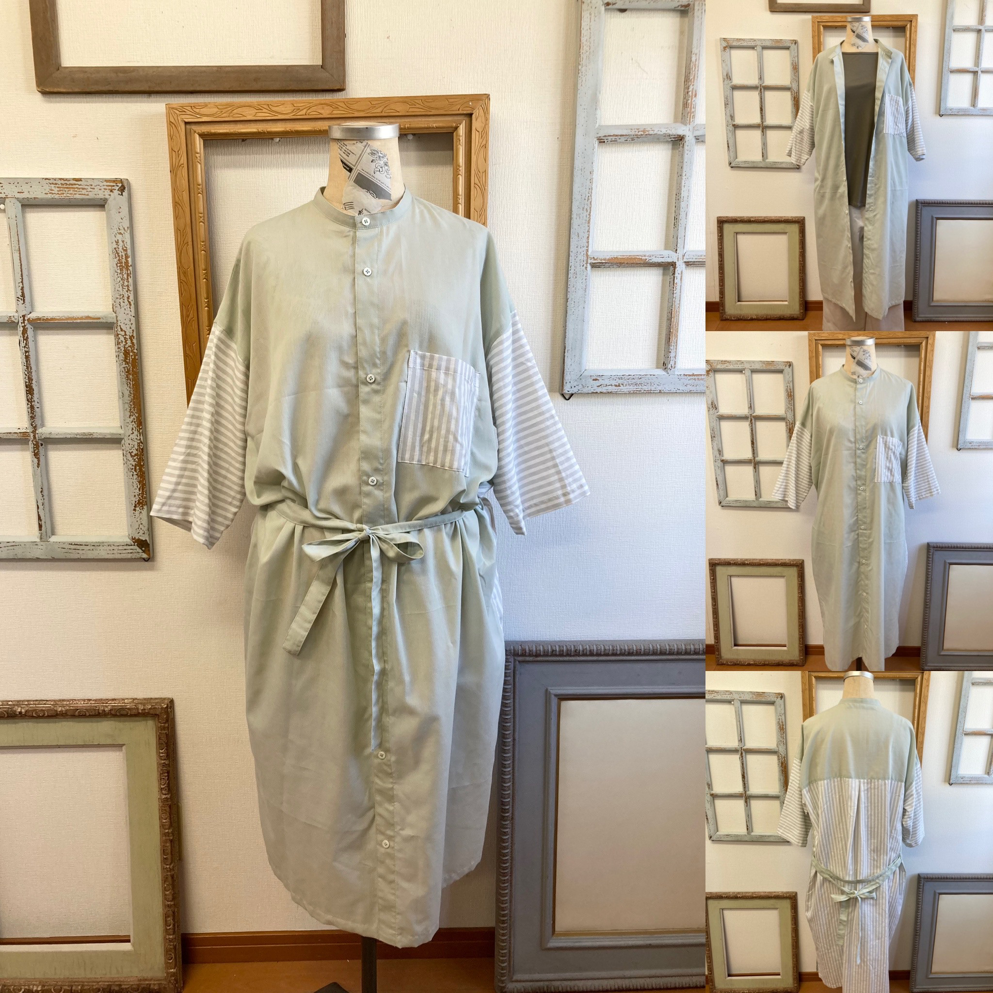 セール価格❤️スタンドカラーのストライプ柄七分袖シャツワンピース モスグリーン（サイズフリーL〜 LL）