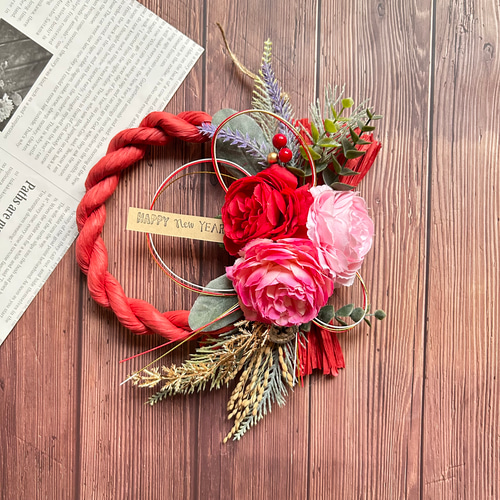 ハンドメイド　リースしめ縄お正月飾り No.74 薔薇のカラーしめ縄リース2025 ハンドメイドお正月飾り玄関