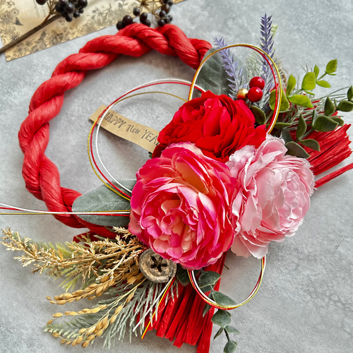 No.74 薔薇のカラーしめ縄リース2025 ハンドメイドお正月飾り玄関