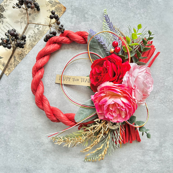 No.74 薔薇のカラーしめ縄リース2025 ハンドメイドお正月飾り玄関
