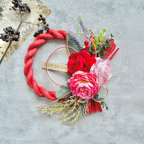 No.74 薔薇のカラーしめ縄リース2025 ハンドメイドお正月飾り玄関