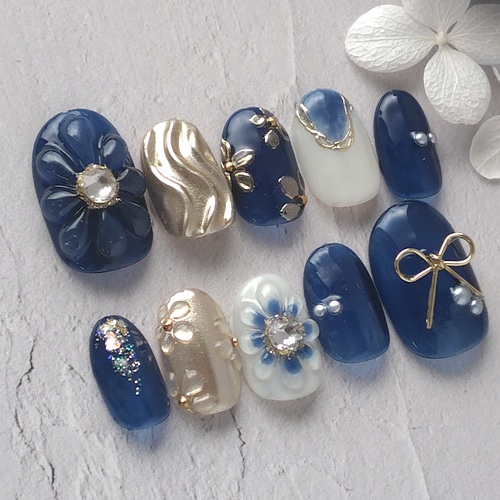 成人式ネイル 成人式 振袖ネイル ネイビー ネイルチップ（つけ爪