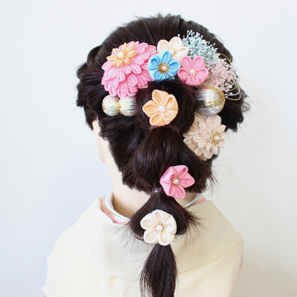 【FC-2401-2】 髪飾り 成人式 卒業式 七五三 ピンク 乳白色 水色 和装 つまみ細工 かすみ草 玉かんざし