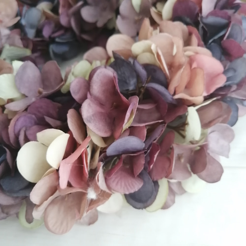 オトナ色の紫陽花リース 造花 赤紫 くすみ ワイン色 フラワーリース