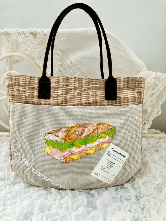 【MIMOSHIGE〜ミモシゲパンバッグ３号】お出かけにぴったり！ハンドメイド 布　バッグ　パン　手描き　　 1枚目の画像